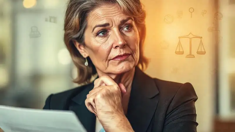 Una mujer madura firma documentos legales cautelosos