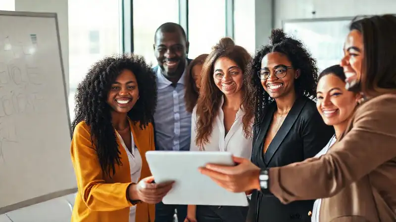 Equipo corporativo colabora en un ambiente brillante