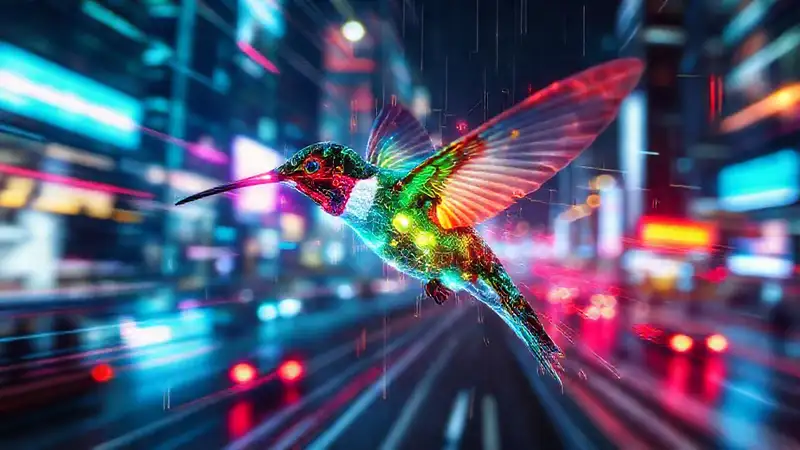 Colibrí cibernético: ciudad futurista digitalmente distorsionada