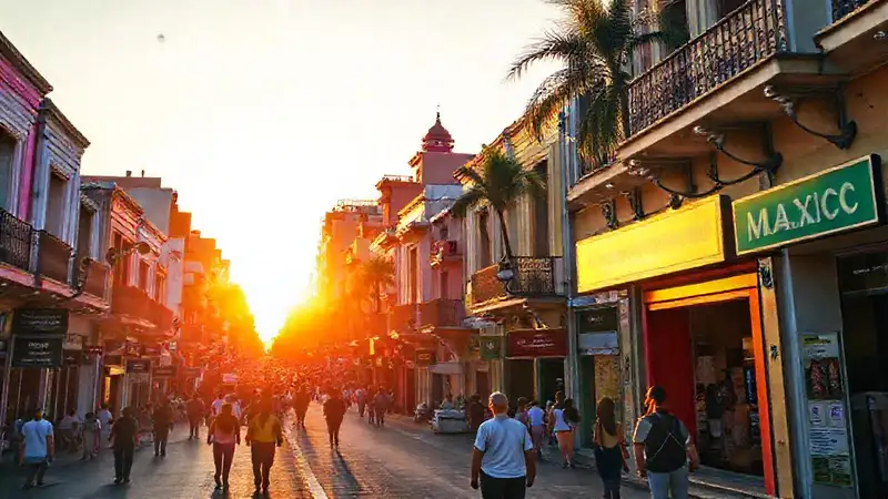 Ciudad mexicana vibrante bajo el amanecer