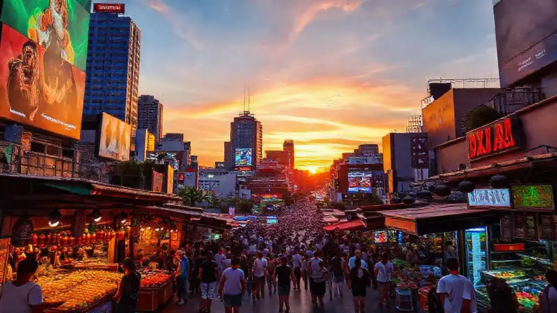 Ciudad mexicana vibrante y dinámica al atardecer