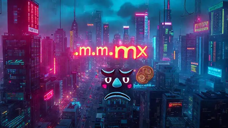 Ciudad cyberpunk digital con mensaje urgente