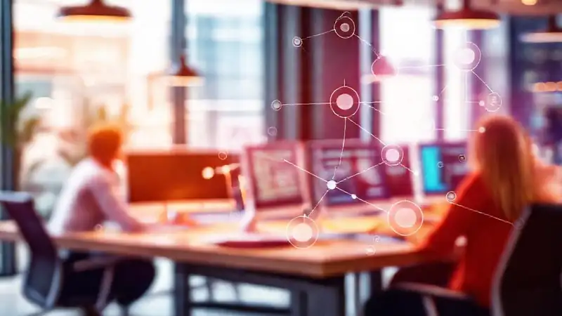 Oficina moderna, conectividad y equipo feliz