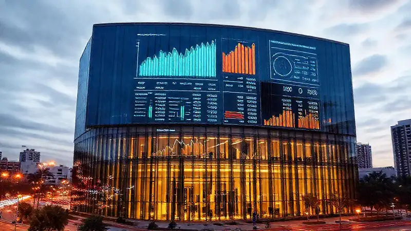 Edificio de oficinas moderno muestra datos financieros