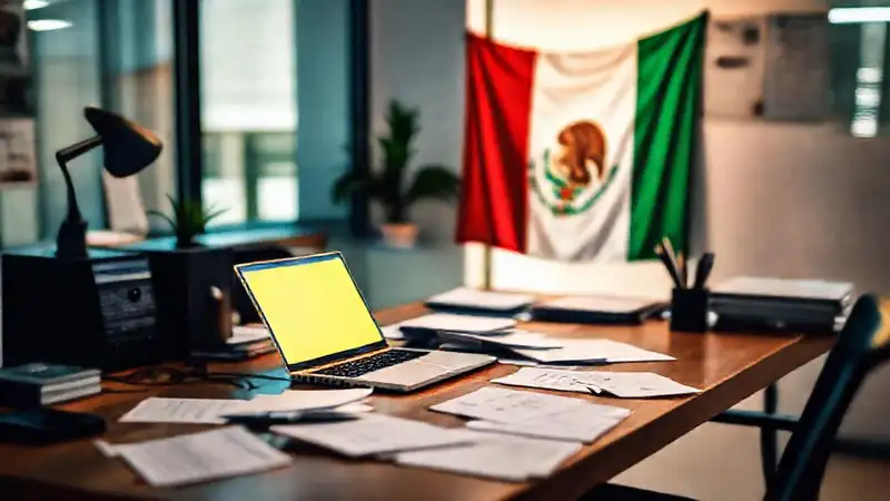 Escritorio moderno con bandera mexicana vibrante