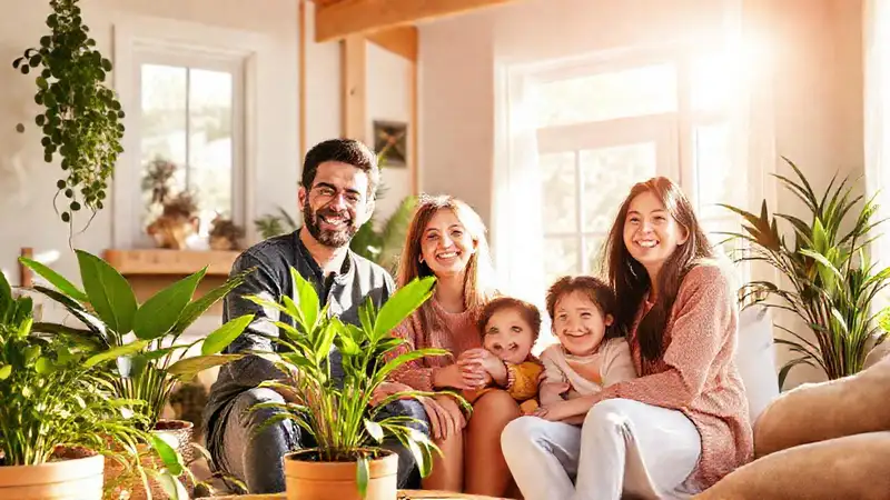 Familia feliz en casa renovada