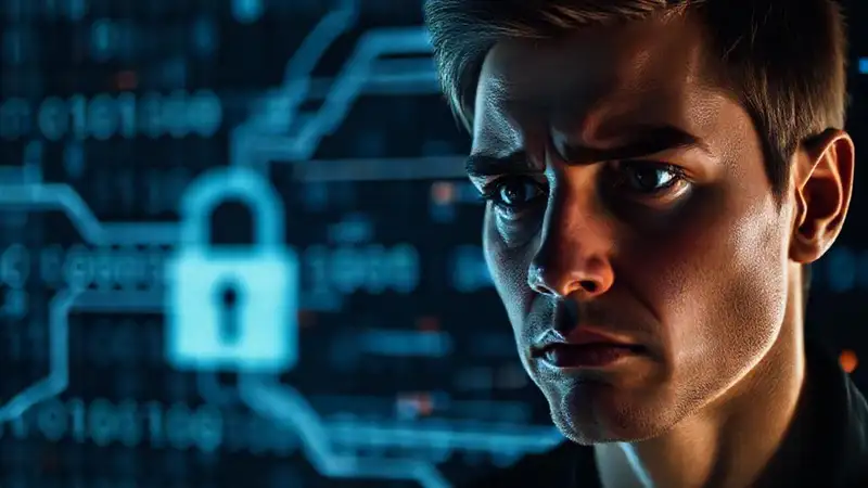 Tecnología amenazante, rostro preocupado y control digital