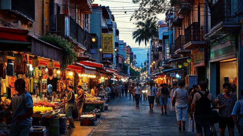 Ciudad mexicana vibrante al anochecer