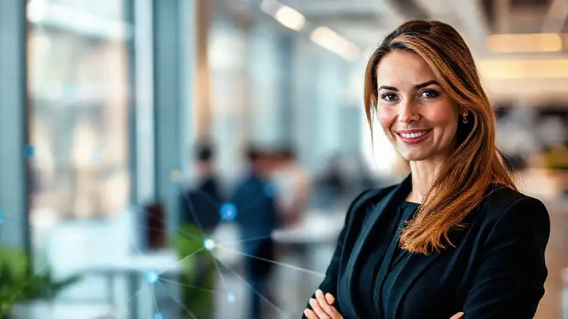 Mujer profesional conecta digitalmente en redes