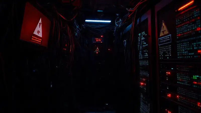 Una sala oscura emite advertencia digital