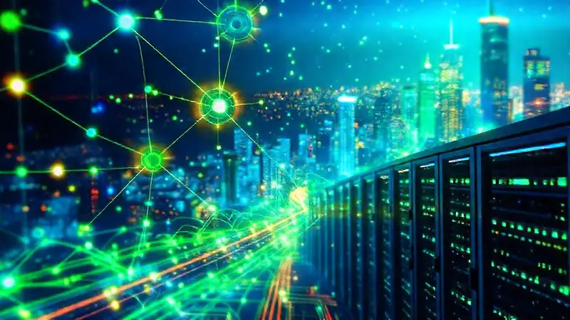 Ciudad digital futurista, datos brillantes y rojos