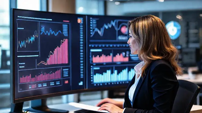 La mujer de negocios visualiza estrategias digitales