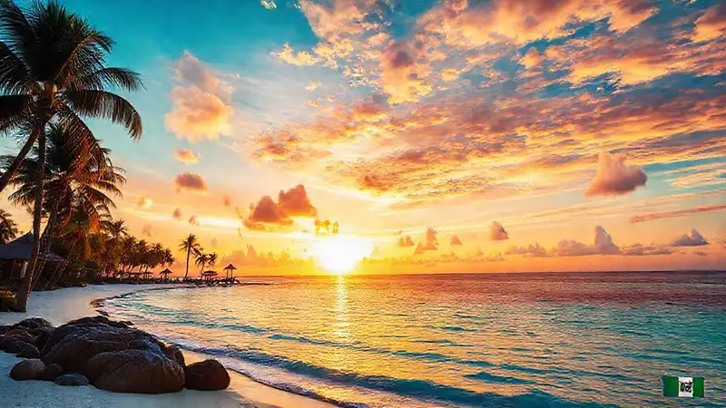 Playa tropical mexicana, atardecer glorioso y lujoso