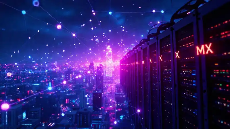 Redes futuristas iluminan una ciudad digital